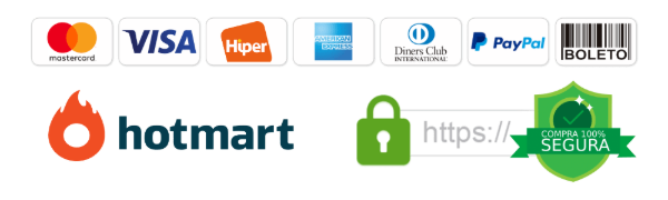 Compra 100% segura · Hotmart · Mastercard, Visa, Hiper, American Express, Diners Club, PayPal e boleto